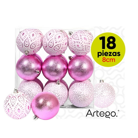 Esferas para árbol de navidad Artego de 8 cm de diámetro paq 18 esferas Rosa *Línea Detail Con: 2 estilos emboss y un cromado, para colgar Christmas ornaments