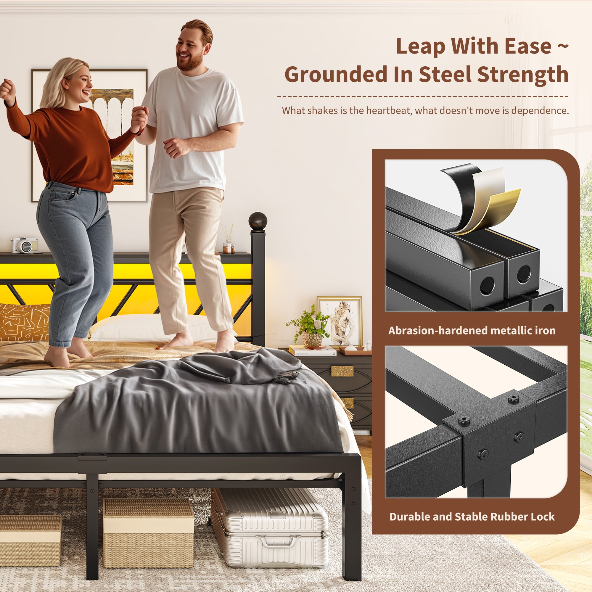 EnHomee Queen Size Metal Bed Frame with Headboard Metal Platform Bed Frame with Storage Platform Metal Bed Frame Queen with LED Lights, Noise Free, Black