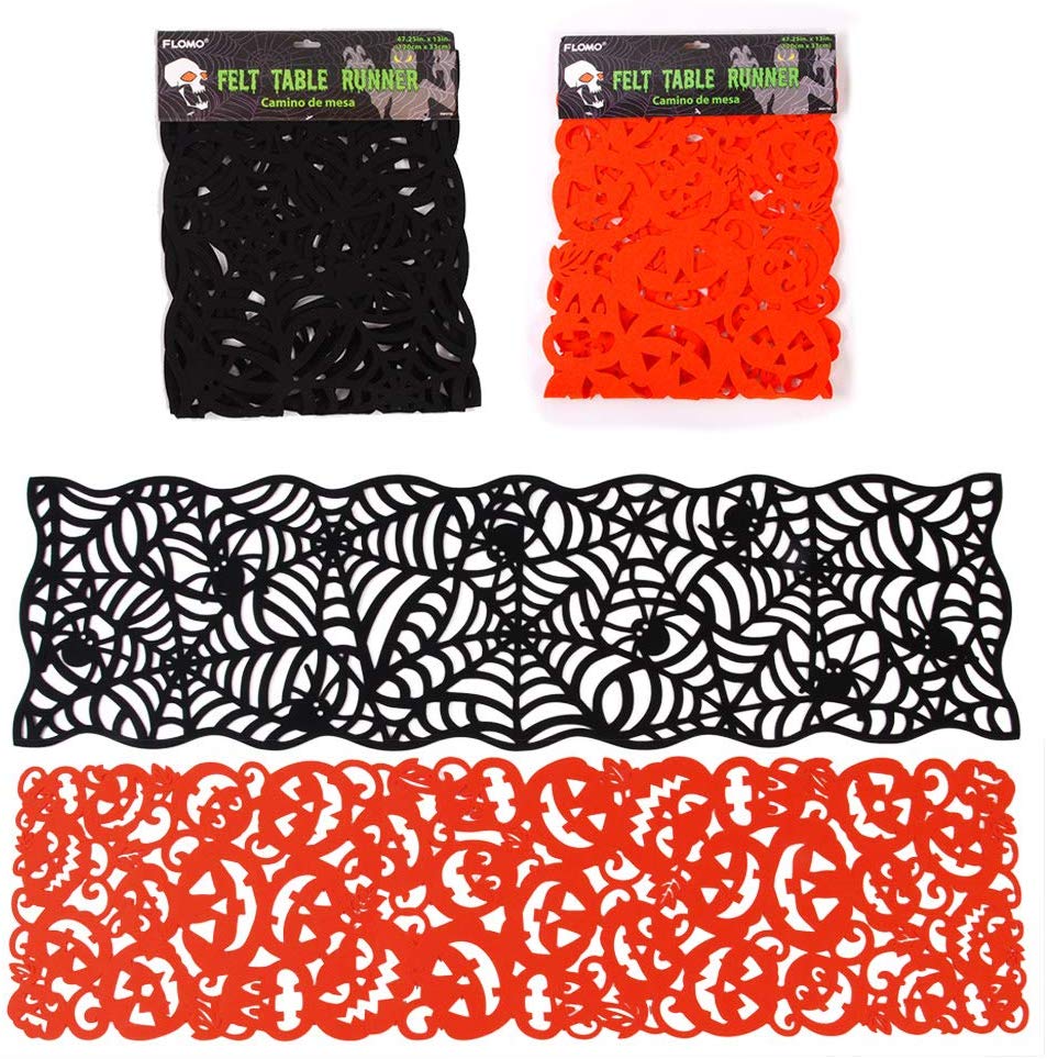 12x47 inch Felt Cobweb Table Runner with Orange Glitter Spiders Perfect for Halloween Decorations Indoor and Scary Nights Feuille Halloween Table Runners Spider Web Black Table Runner