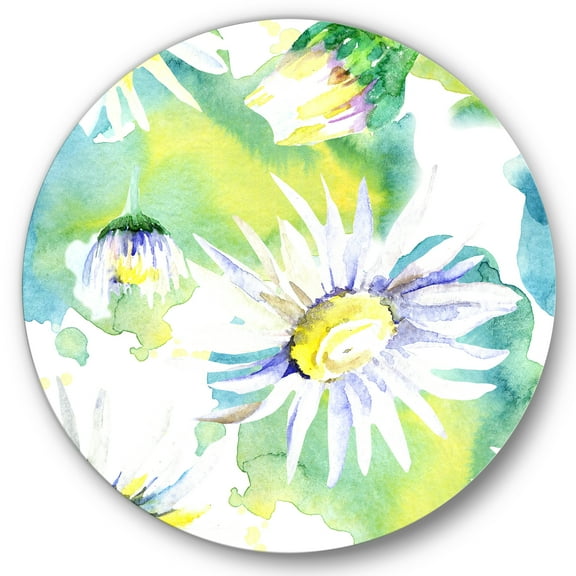 Designart 'Aquarelle Impression of Daisy Flowers II' Traditional Circle Metal Wall Art 36x36 - Disc of 36