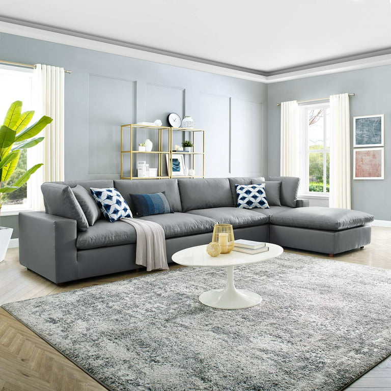 Commix Down Filled Overstuffed Vegan Leather 5 Piece Sectional Sofa Faux Grey Gray 20706