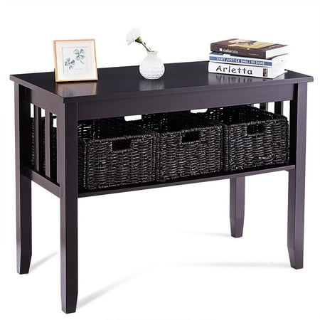 Home Table Decor Costway Wooden Rectangle Side Storage Table Home Office Furni Decor W/3 Baskets Espresso ()