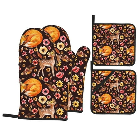 

Oven Mitts and Pot Holders 4 Piece Woodland Creatures Floral High Heat Slip Resistant Oven Mitt and Trivets Set Kitchen Oven Glove Pot Holders for Cooking Baking Grilling