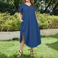 thumbnail image 5 of WTOBBY Women's Solid Color Slit Dress, Elegant Plus Size Short Sleeve V-Neck Casual Office Wear for Special Occasions Business Events and Cocktail Parties,Blue L, 5 of 5