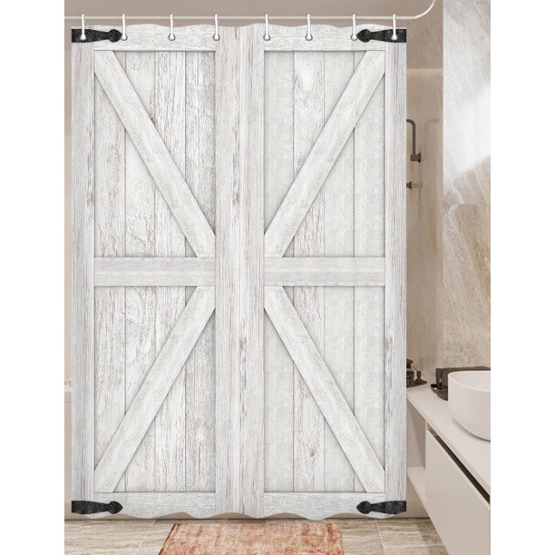 Rustic Barn Door Shower Curtain, Gray and White Wood Shower Curtain
