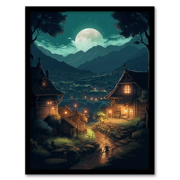 Full Moon Over Traditional Chalet Houses in Peaceful Village Painting Mountainside Bright Lit Windows on Clear Moonlit Night Art Print Framed Poster Wall Decor 12x16 inch