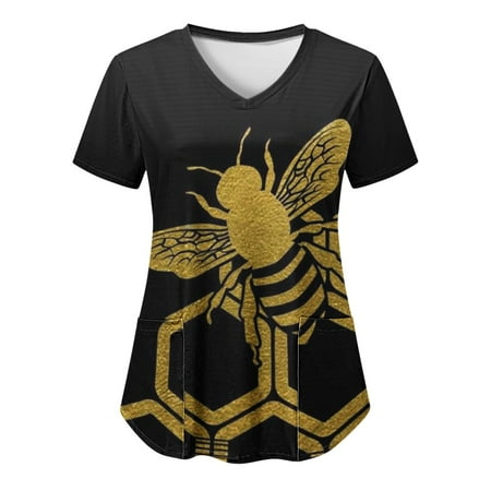 

2023 New Scrubs Top Uniform Nurses Clothing Women Spring Short Sleeve V-Neck Printed Pocket Tee Top Simple Clothing