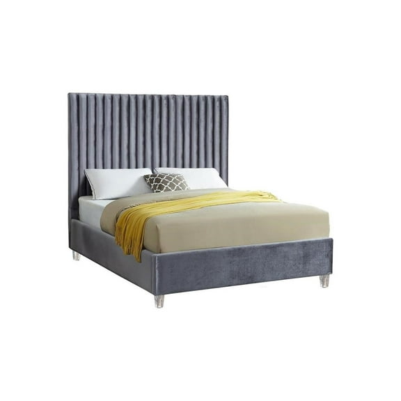 Coastal Charm Modern , Contemporary Velvet Upholstered Bed with Deep Channel Tufting and Custom Acrylic Legs
