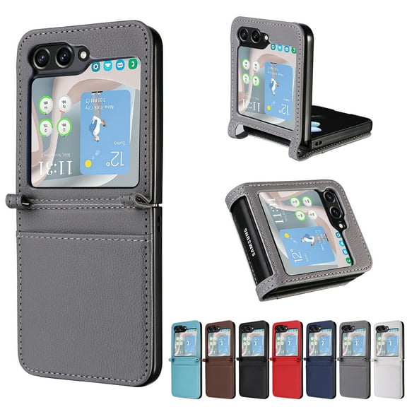 ELEHOLD Wallet Case for Samsung Galaxy Z Flip5 5G(2023), Premium Lychee Pattern PU Leather Card Holder Slot Case Slim Shockproof Cover for Samsung Galaxy Z Flip5,Gray