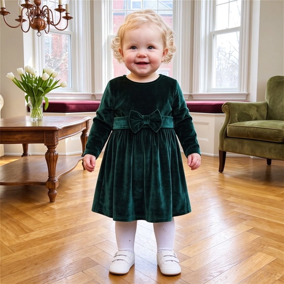 Toddler Girls Holiday Velvet Dresses with Solid Bow Front Long Sleeve Crew Neck Cute A-Line Dress for Christmas Party 12-18 Months