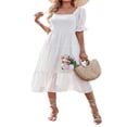 thumbnail image 1 of Women Dress Square Neck Short Puff Sleeve Ruffled Backless Swiss Dot Sundress, 1 of 6