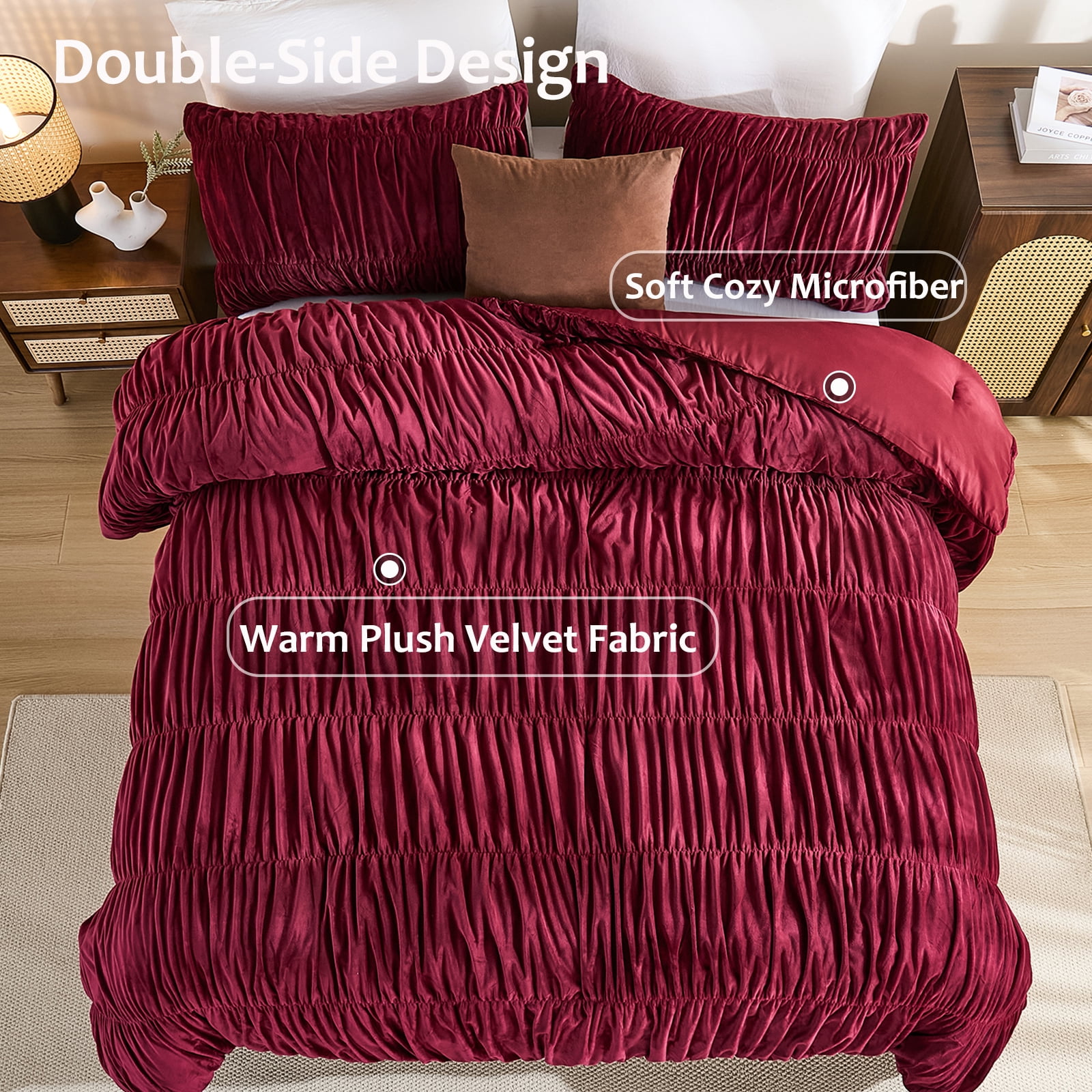 Luxury Velvet Comforter Set Queen Size,Boho Shabby Chic Ruched Bedding Comforter,Aesthetic Vintage Bedding Fluffy Ruffle Comforter Set,Ultra Soft Velvet Chenille Quilt Set,Vintage Ruffled Velvet Plus