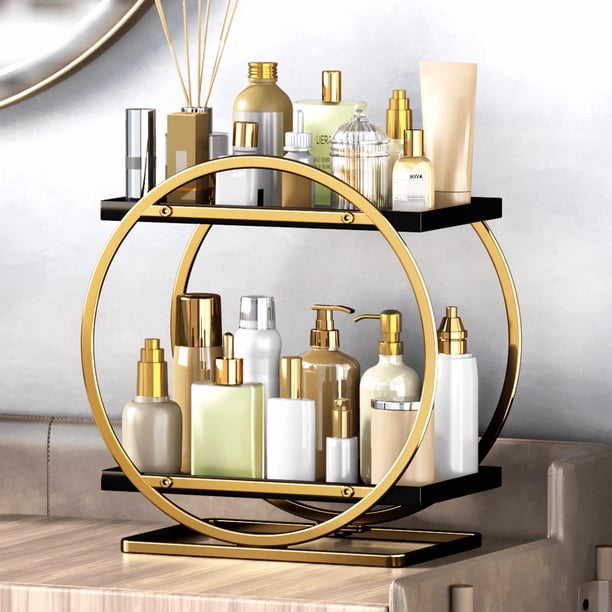 Organizador de maquillaje YIWANFW negro y dorado de 2 niveles para tocador