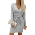 thumbnail image 2 of Women'S Long Sleeve Bodycon Sweater Dress V Neck Cable Knit Slit Midi Dresses with Belt Gray XL, 2 of 9