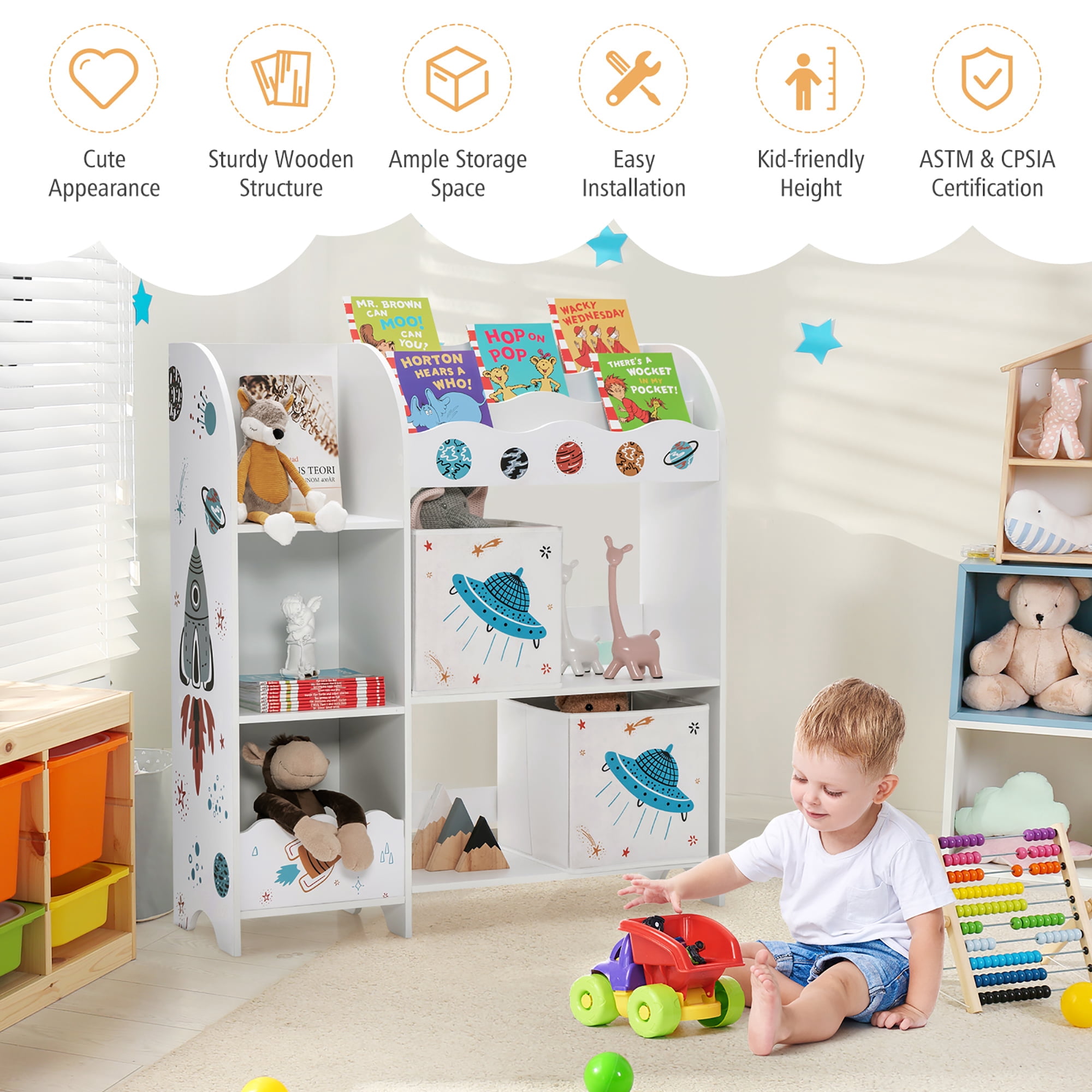 Costway Kids Toy and Book Organizer Children Wooden Storage Cabinet w/ Storage Bins