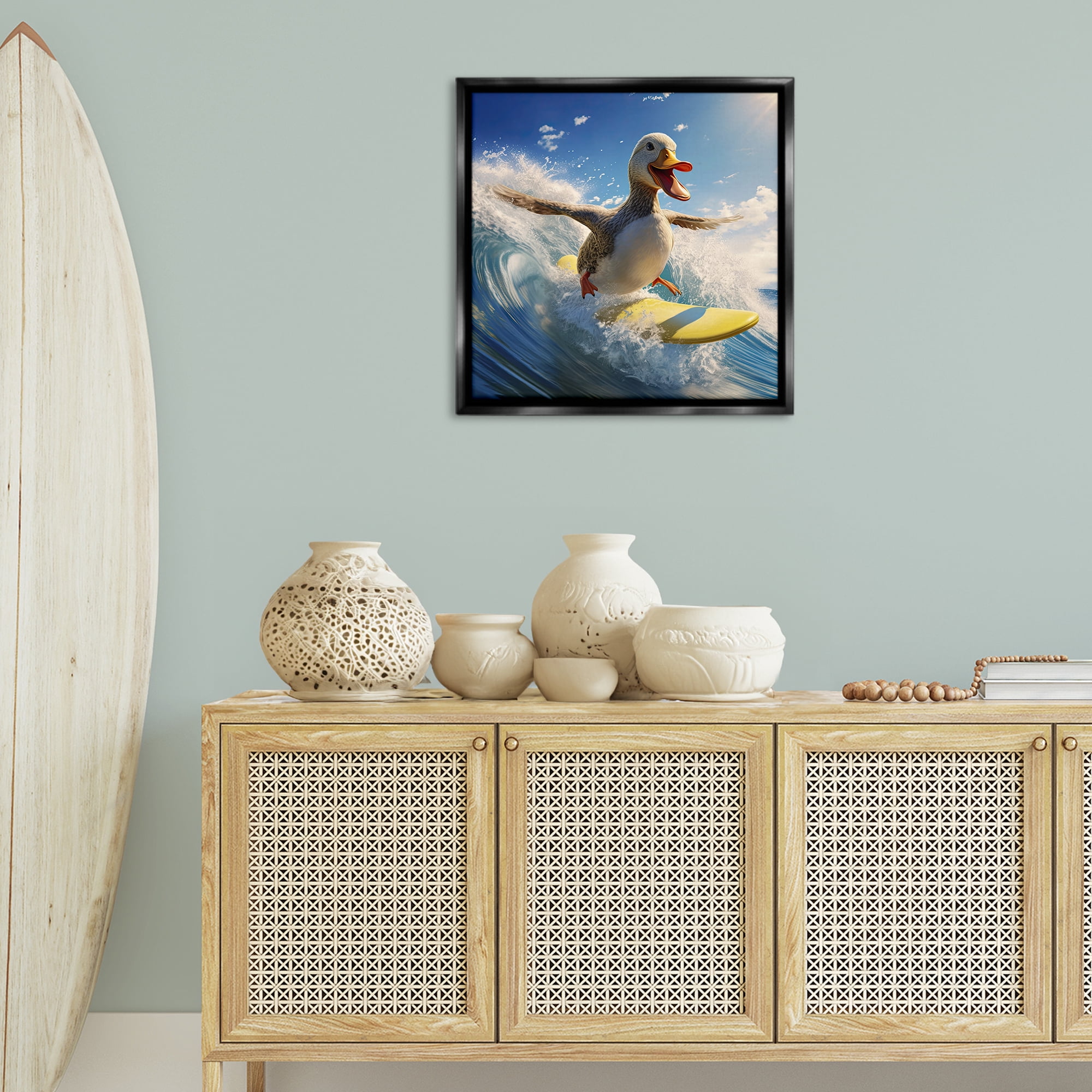 Stupell Industries Happy Surfing Duck Coastal Painting Black Floater Framed Canvas Art Print Wall Art, 25 x 25