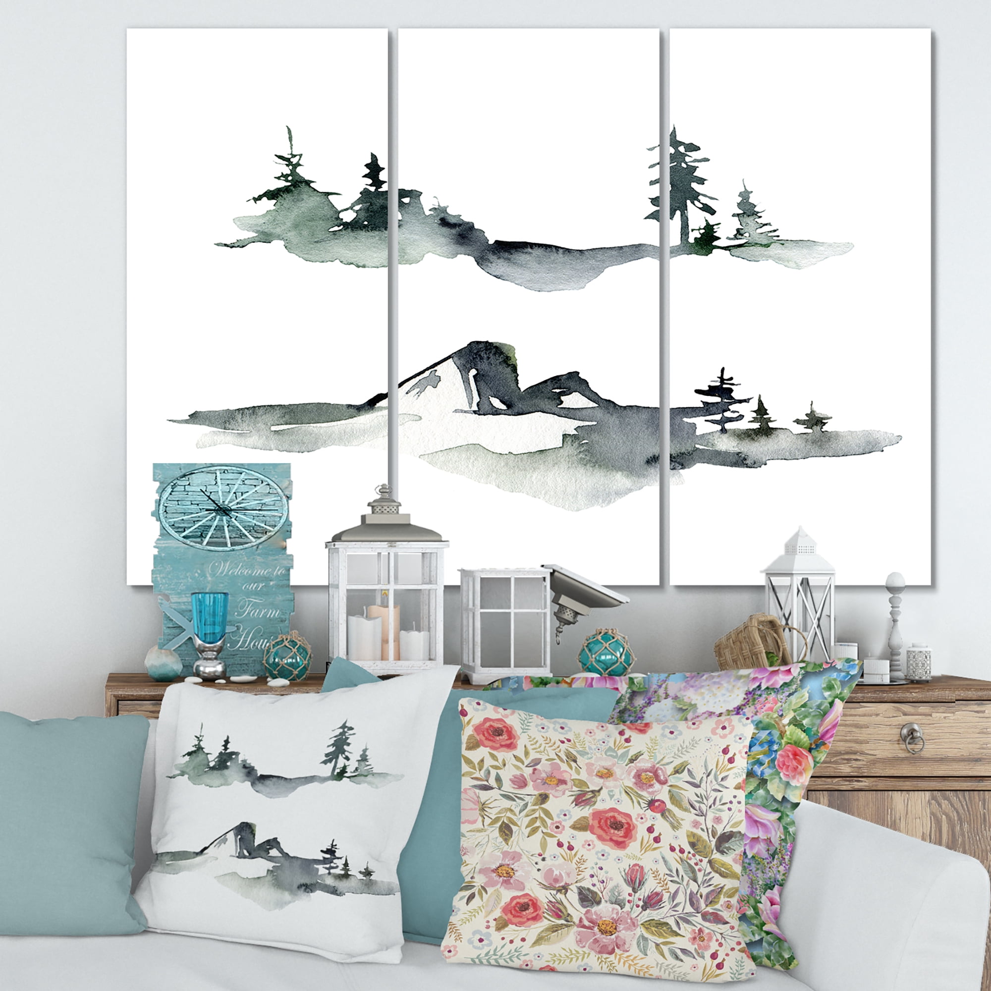 Designart ' Trees With Winter Dark Blue Mountain Landscape I ' Modern Canvas Wall Art Print
