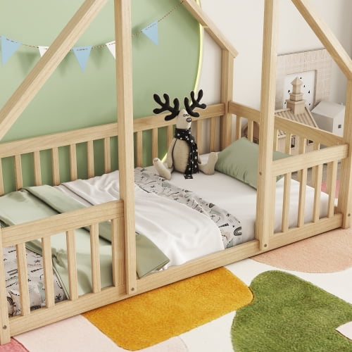 Bellemave Twin Size Floor Bed with House-shaped Roof and Fence Twin Wood House Floor Bed Frame with Guardrails Montessori House Bed, Natural