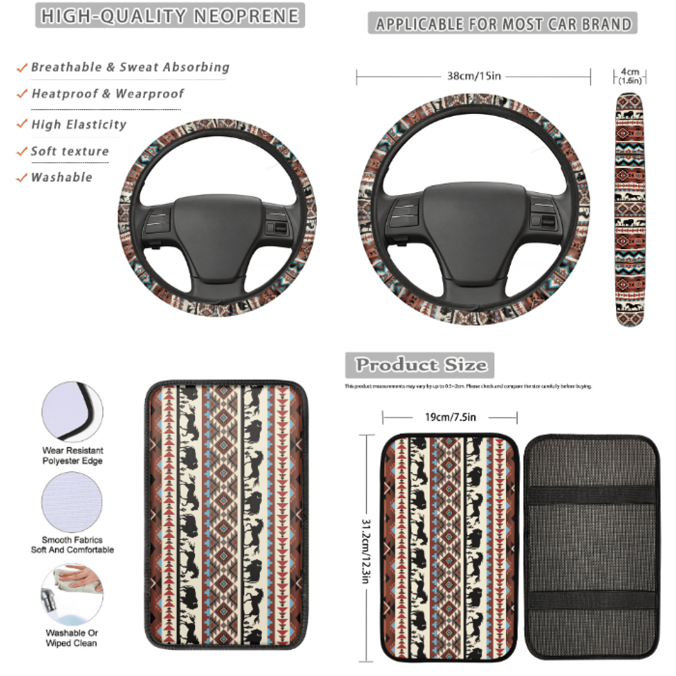 Binienty Car Accessories, with Steering Wheel Cover Keychain Key Chain Cup Holders Car Accessories Set, Bison Full Set Includes Seat Belt Cover Car Seat Cover Set