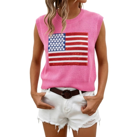 DHFJKG Summer Sweaters For Women Tank Tops American Flag Loose Fit Sleeveless Round Neck Knit Shirts Casual Clothes Trendy Top