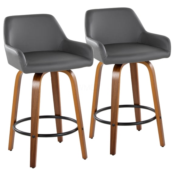 Walnut Grey Faux Leather Counter Stool Set of 2 with Swivel and Footrest