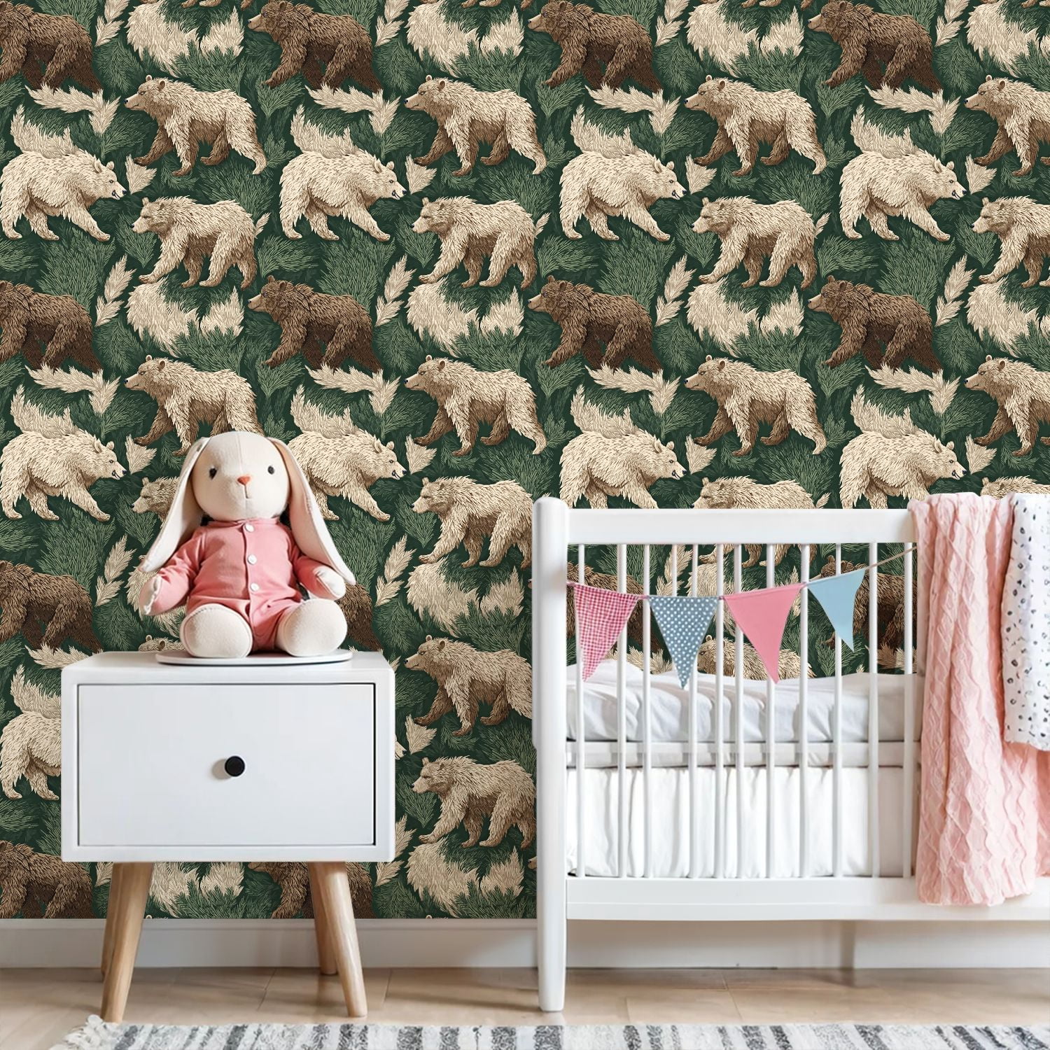 Peel and Stick Wallpaper Woodland Bear Fur Green Foliage Hunting Wildlife Vintage Wall Mural 23.6in x 9.8ft Self Adhesive Removable Wall Paper Renter Friendly Wallpaper for Nursery Bedroom Cabinets