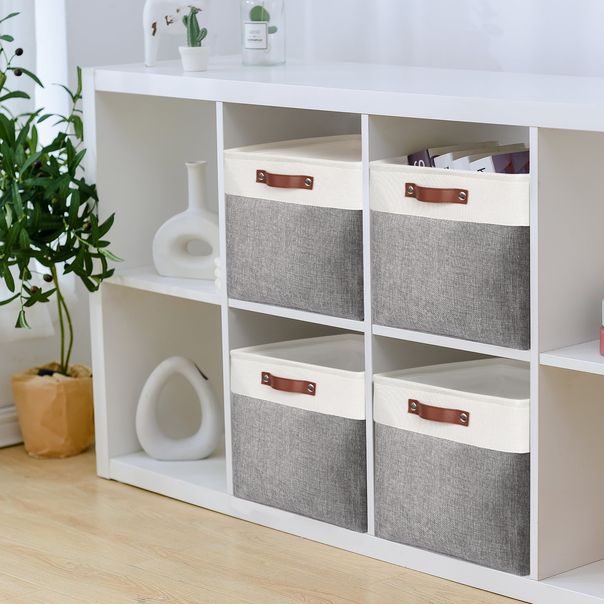 Tegance 13x13 Storage Cubes Baskets 4 Pack Fabric Cube Storage Bins Large Storage Baskets with Leather Handles,Decorative Storage Boxes for Organizing Shelves(White&Gray)