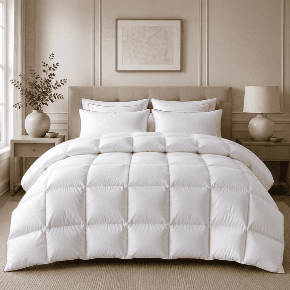 DOWNFORT Luxury Goose Feather Down Fiber Comforter Queen Size – 100% Cotton Shell Extra Fluffy White Duvet Insert, Ultra Soft & Breathable, All Season Hotel Collection Bedding