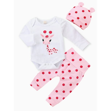 

Baby Girls 3Pcs Giraffe Polk Dot Print Long Sleeve Romper Pants Hat Outfits Clothes