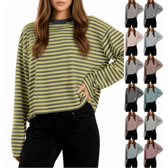 Horkkom Long Sleeve Shirts for Women Casual Crewneck Striped Shirt Loose Comfy Blouses L