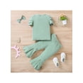 thumbnail image 3 of Franhais Toddler Long Pants Outfits, Solid Color Short Puff Sleeve T-Shirt + Elastic Flare Pants + Bow-Knot Hairpin Set, 3 of 9