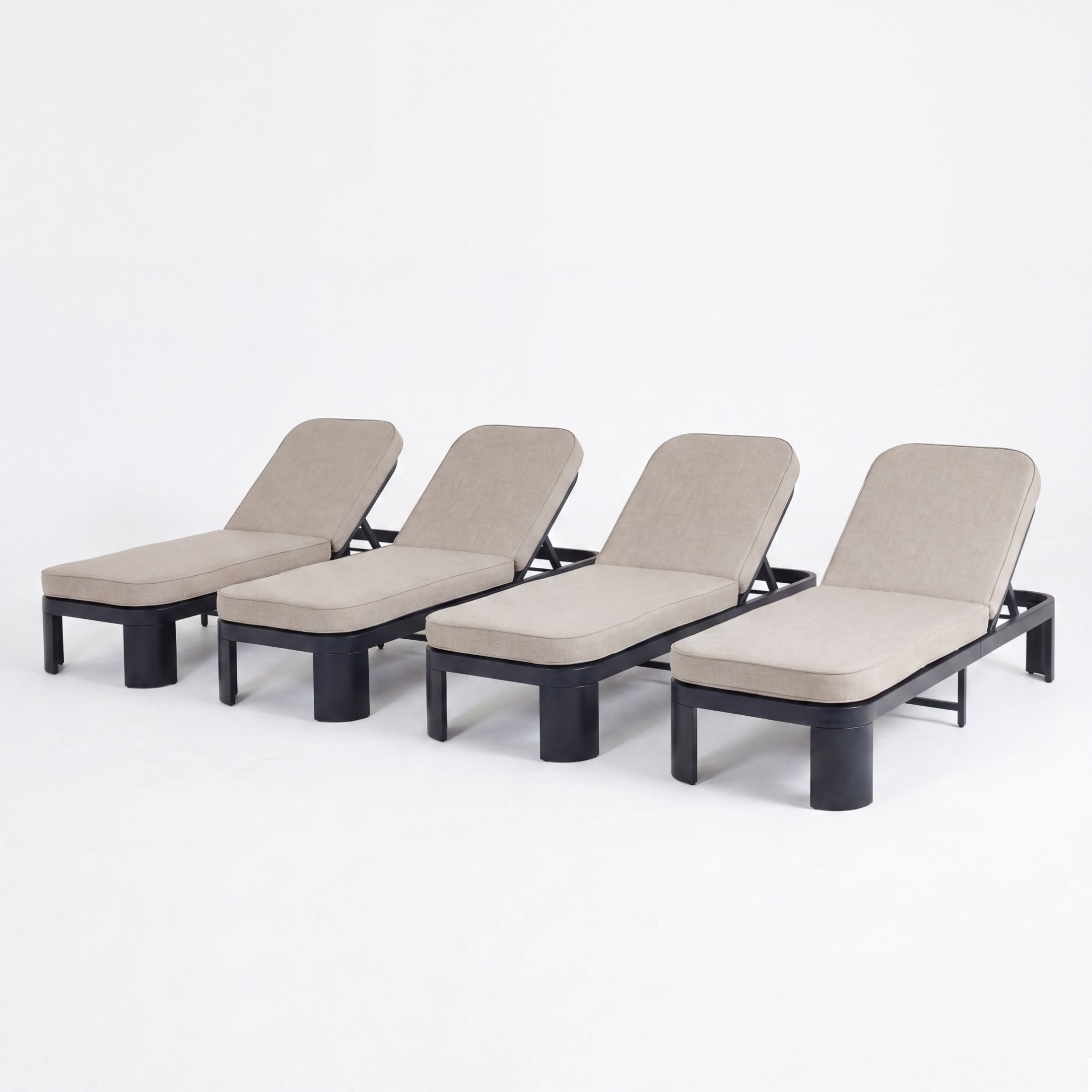 Christopher Knight Home Outdoor Wood Chaise Lounge with Adjustable Backrest and Beige Cushion, Black, Set of 4