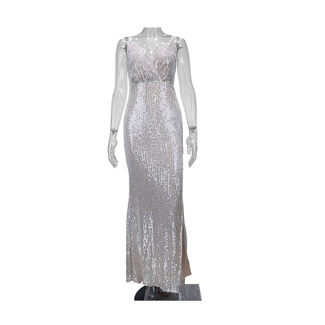 Vestidos de fiesta con escote en V, lentejuelas y tirantes finos con abertura, vestido de noche largo con purpurina, vestido formal para mujer
