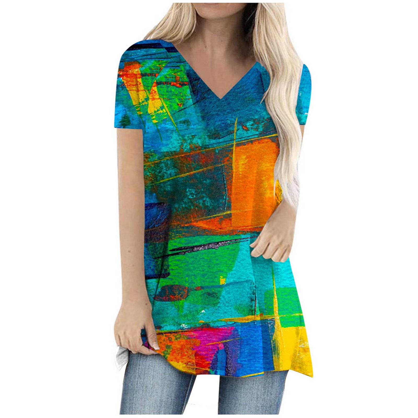 Multicolor Colorful Print Tunic Tops for Women to Wear with Leggings