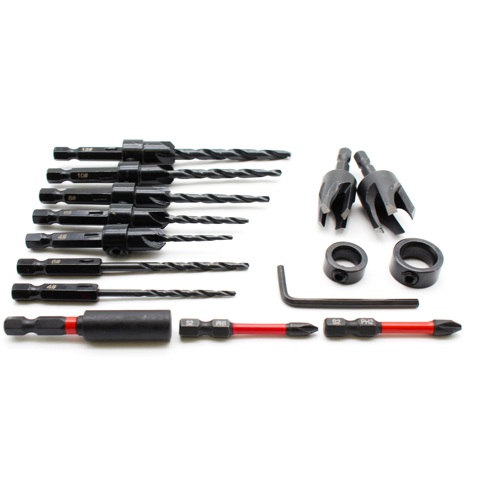 TMAX 15pc Countersink Drill Bit Set for Screws,Tapered Drill Bits with 2pc Wood Plug Cutter and 2pc Phillips Screwdriver bits, 1/4 Inch Hex Shank for Woodworking