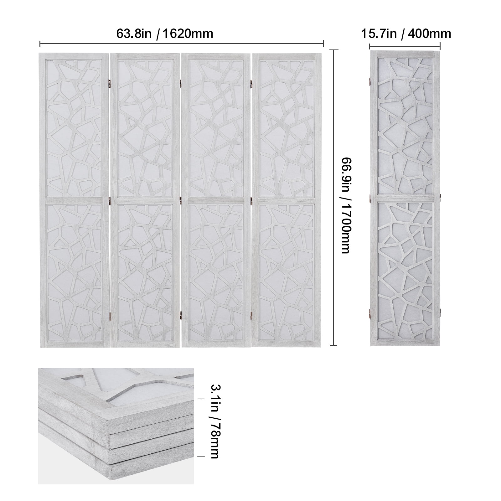 KFFKFF Wooden Partition, 4-Panel Foldable Privacy Barrier, 66.9 Inches High Indoor Engraved Wood Divider, Movable Decorative Screen, Suitable for Space Division in Homes, Offices, Restaurants