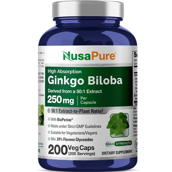 NusaPure Ginkgo Biloba Capsules, 250 mg, 200 Veg Capsules (Non-GMO, Vegan)