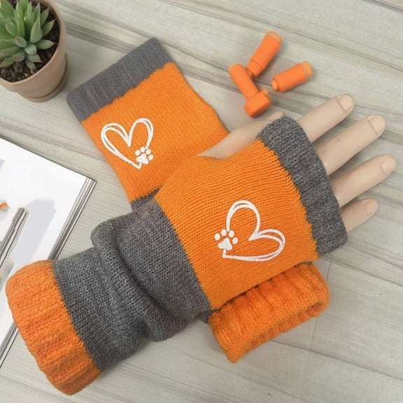 Warm Gloves, Hearts Pattern, Cozy Funny Embroidery Pattern Fingerless Knitted Gloves, Fashion Casual Leaky Finger Glove Warm Knit Cute Design Glovess for Women Saffron Free