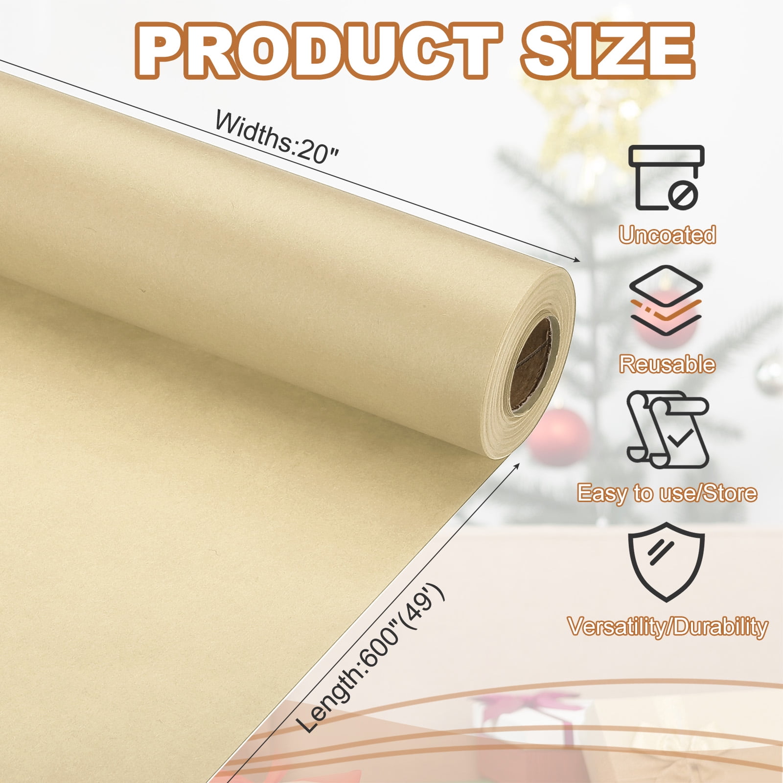 Uxcell 1 pack Wrapping Paper, Craft Paper Packing Paper 20" x 600"(49') Brown