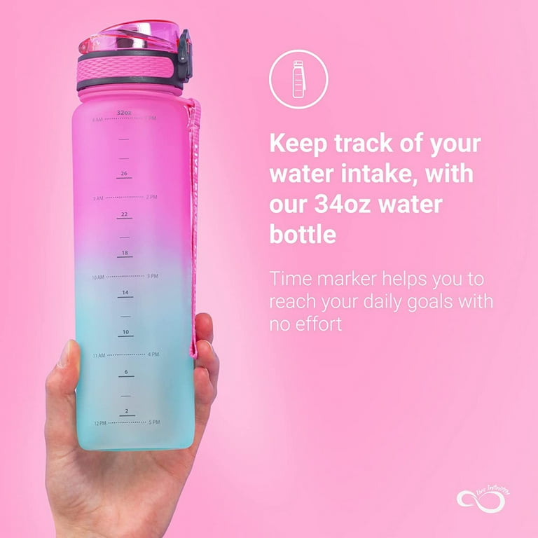 Live Infinitely Gym Water Bottle with Time Marker Fruit Infuser and Shaker 34 oz Purple