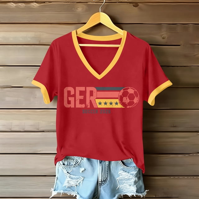 Women's Football Graphic T-Shirt, Women's Fashion V-Neck Short Sleeve T-Shirt with Letter Print for Casual Wear for Soccer Tournament 2026 Red Size: M