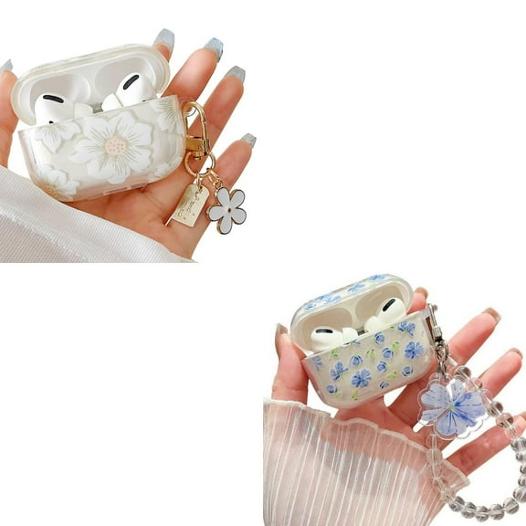 Compatible with Airpods Pro Clear Case with Floral Keychain,Fashionable Cute White and Blue Flower Pattern Design,Soft Silicone Smooth Shockproof Charging Case for AirPod Pro for Girls Wo