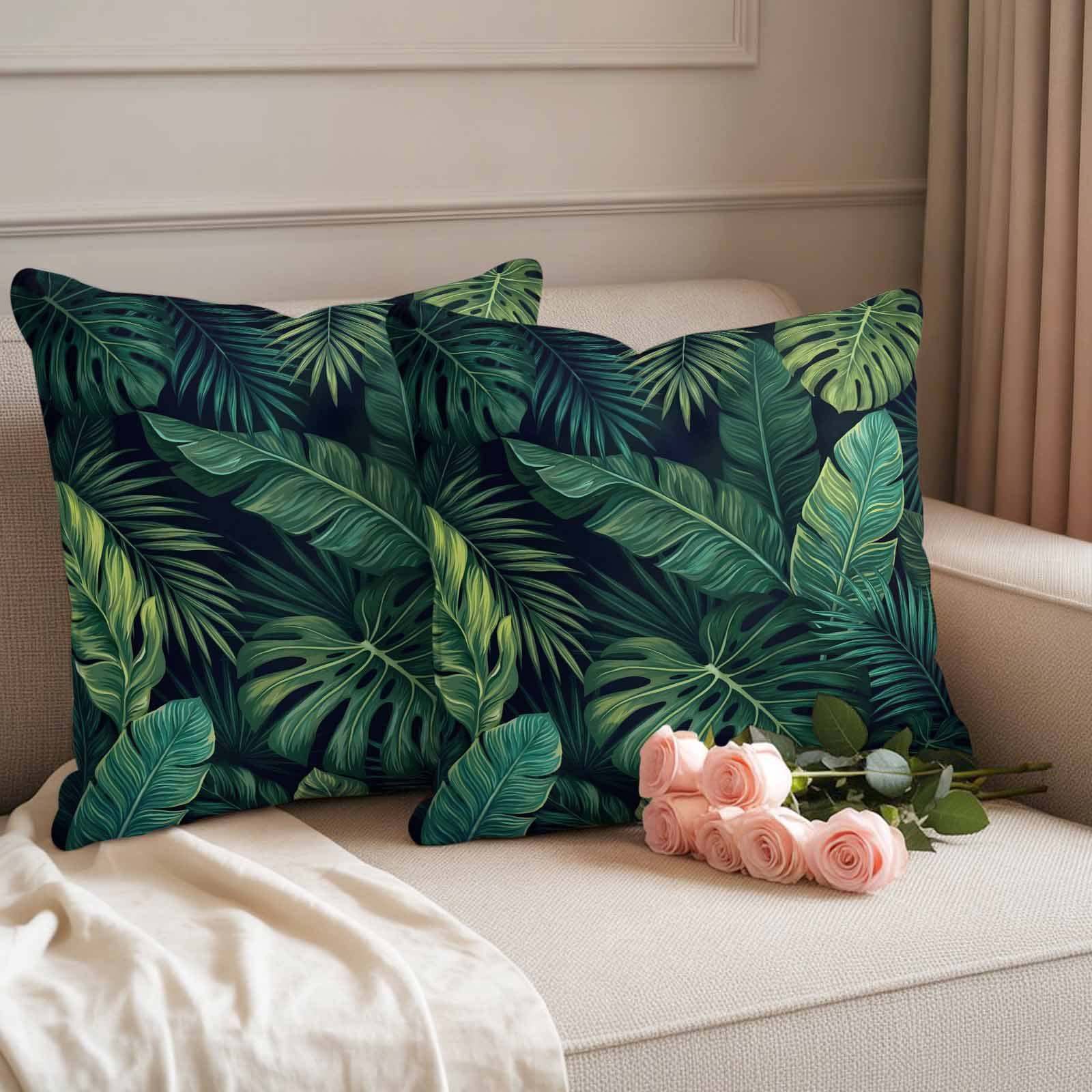Tropical Plants Outdoor Waterproof Throw Pillow Covers 20x20 Set of 2, Summer Watercolor Green Palm Leaves Decorative Pillowcases Cushion Pillowcase for Couch Sofa Patio Outside Pillow Protector