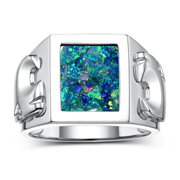 RYLOS Men's Rings Sterling Silver Designer Ring Tiger Head On Both Sides Diamond in the Eyes and Mosaic Opal Rings For Men Size 8