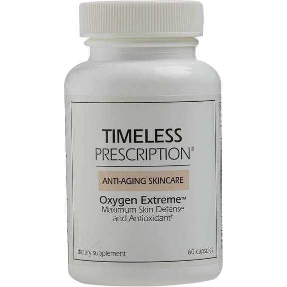 Timeless Prescription Oxygen Extreme Anti-Aging Supplement supports skin, immune, liver, cognitive, cardiovascular health with antioxidants like Vitamin A, C, E, Bilberry, Green Tea, Ginkgo & Milk