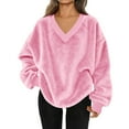 thumbnail image 2 of Rollbacks & More Omexry Plus Size Tops ,Women's V-neck Solid-color Fleece Long-sleeve Top Pink L, 2 of 8