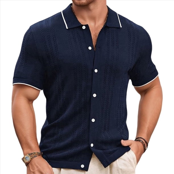 Suéter Informal de Verano para Hombre, con Botones Finos, Estilo Ejecutivo, Estilo Retro, de Corta, para Playa Tíbet L