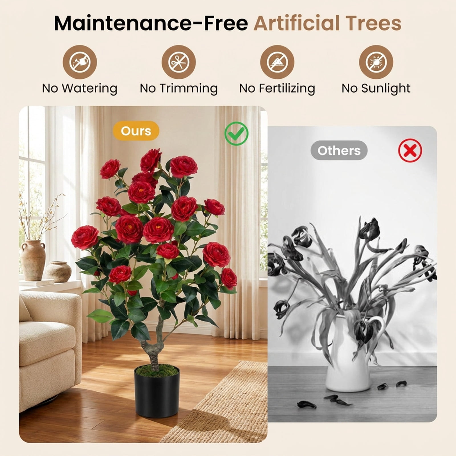 Vebreda Artificial Plant Decor, Artificial Camellia Tree Faux Flower Plant in Cement-Filled Pot, Lifelike & Elegant Design, Selected PE Materials