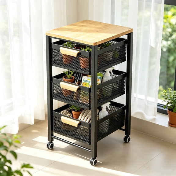 Tyab 3 Tier Wooden Top Rolling Cart Black White Mesh Drawer Storage