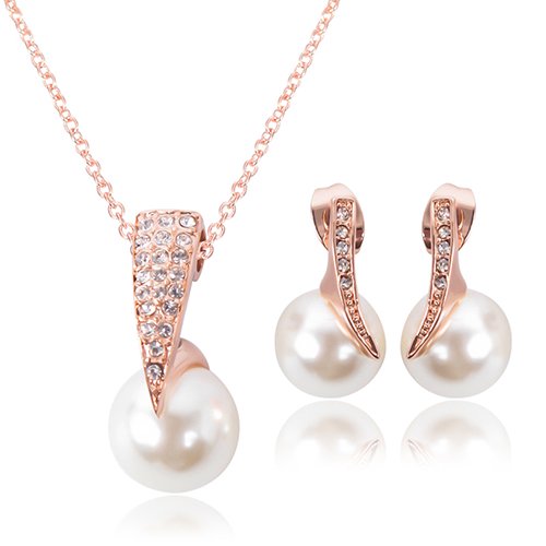 Ayyufe Wedding Set Bride Rose Gold Crystal Pearl Pendant Necklace Earrings